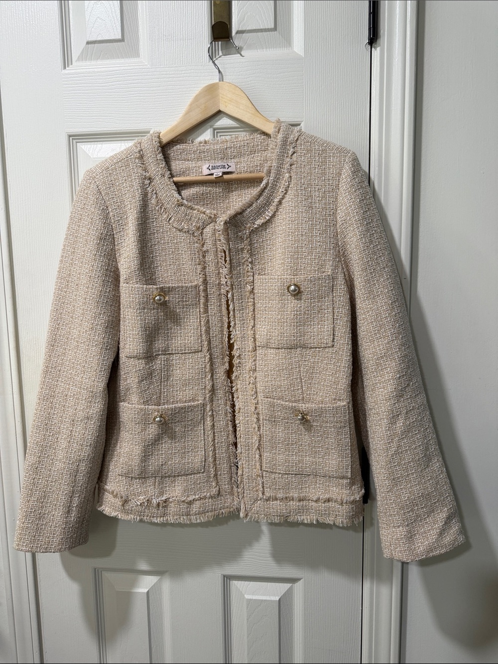 Nanette Lepore Cream Tweed Fringe Pocket Blazer
